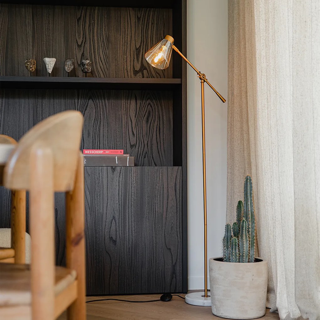 Lampă de podea Art Deco bronz cu marmură și sticlă chihlimbar - Nina