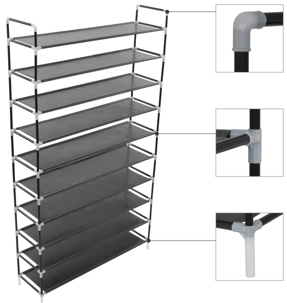 vidaXL Raft pantofi 10 etajere, Metal și material textil nețesut Negru