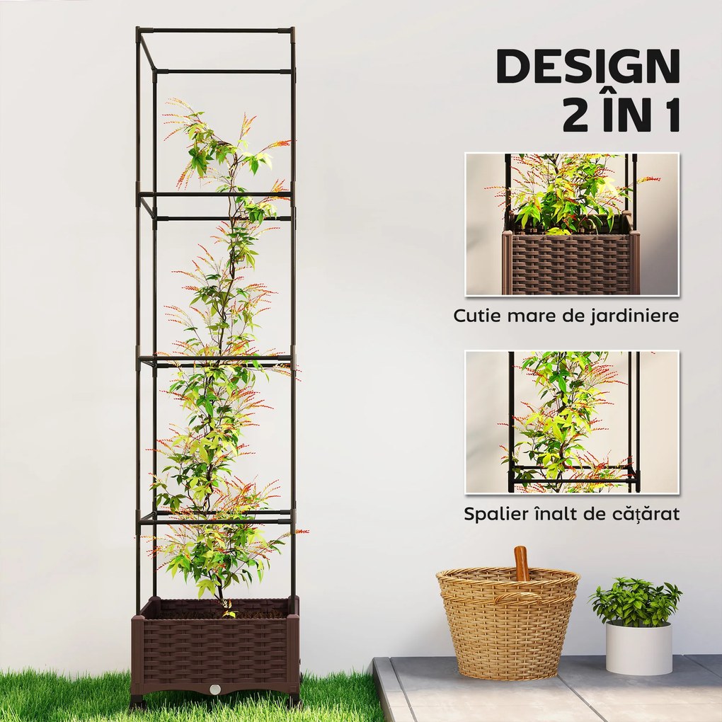 Outsunny Jardinieră Înălțată cu Spalier 20L, Pat de Grădină Înălțat pentru Exterior cu Roți Blocabile, Sistem de Autoirigare, Orificii de Drenaj pentru Plante Cățărătoare, Legume și Flori, Maro | Aosom Romania