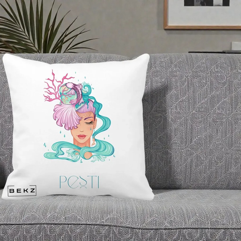 Perna Personalizata Zodiac Pesti Cowgirl, 40x40 cm, Alba Mata, Husa Detasabila, Perna Inclusa, BEKZ®