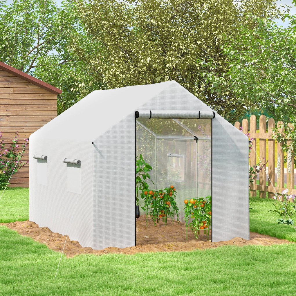 Outsunny Seră de Grădină Tip Tunel 2x3x2 m cu Uși și Ferestre Rulabile, Seră pentru Plante cu Acoperiș Înclinat, Structură din Oțel și Acoperire PE, Anti UV, Alb | Aosom Romania