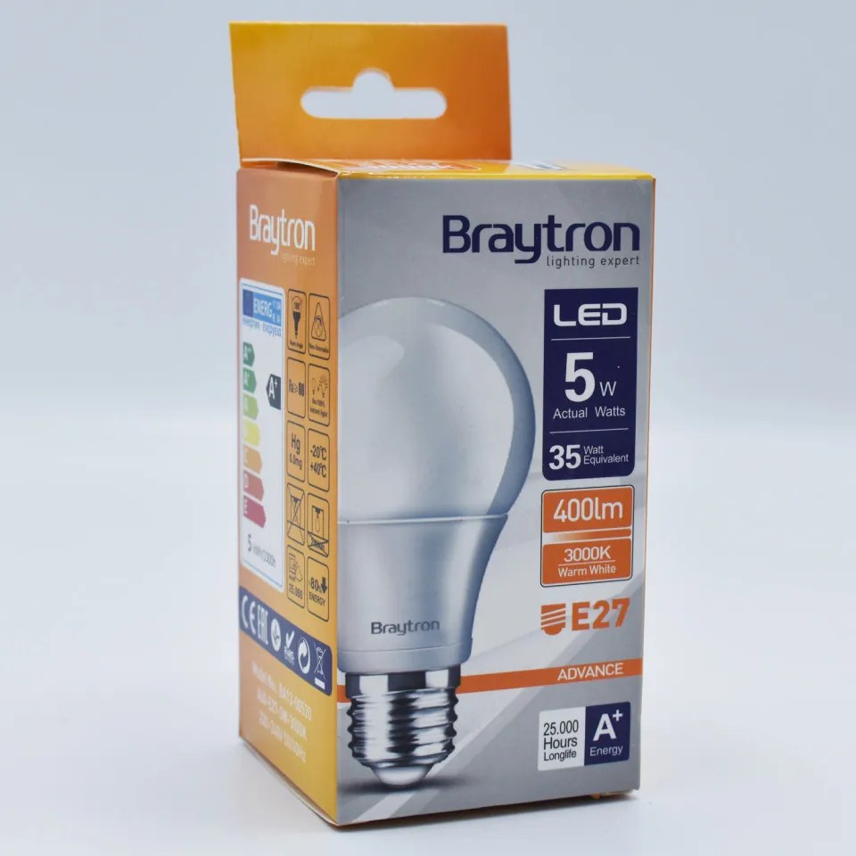 Bec LED 5W(35W) Braytron, A60, E27, 400 lm, lumina calda (3000 K), clasa energetica F