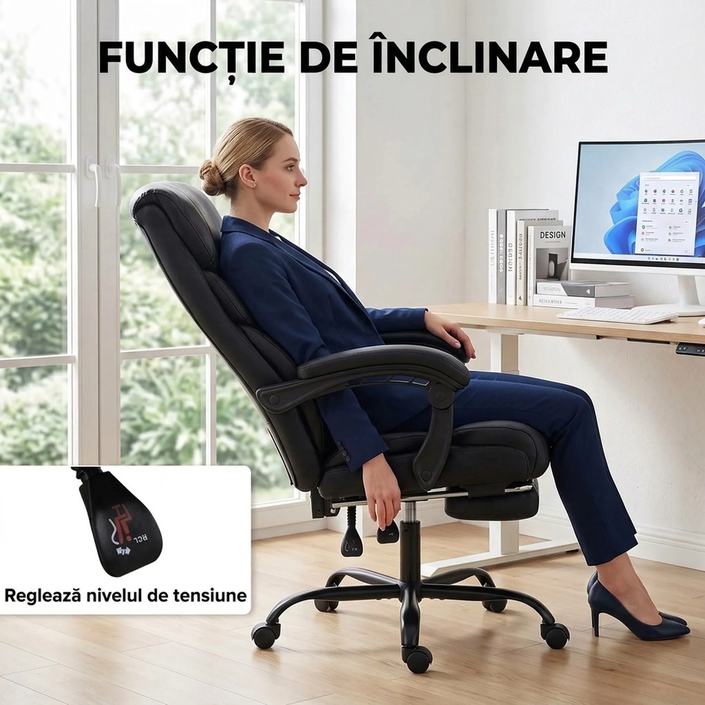 HOMCOM Scaun de birou ergonomic rotativ, rabatabil 165°, din piele ecologică PU, cu suport pentru picioare și înălțime reglabilă, negru | Aosom Romania