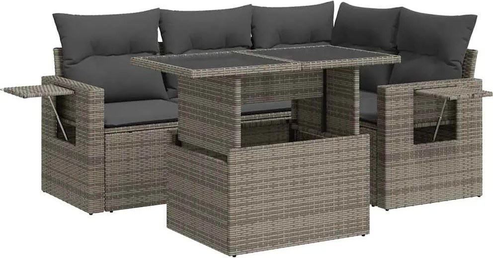 vidaXL Set canapea de grădină cu perne, 5 piese, gri, poliratan