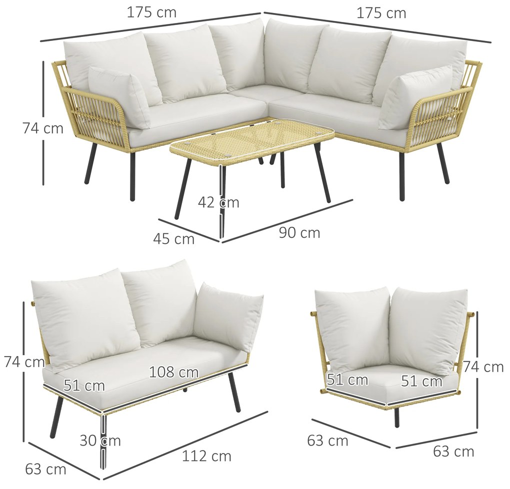 Outsunny Set de Mobilier de Grădină din Ratan din 4 Piese cu Canapea de Colț cu Perne și Măsuță de Cafea, 11x63x74 cm, Crem | Aosom Romania