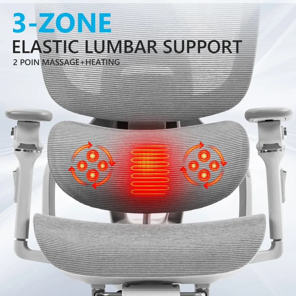 VIGOCHAIR ULTRA PRO Scaun ergonomic, spatar reglare verticala, suport lombar cu masaj si incalzire, sezut translatie, cotiere 6D, suport picioare, Full Mesh, Gri