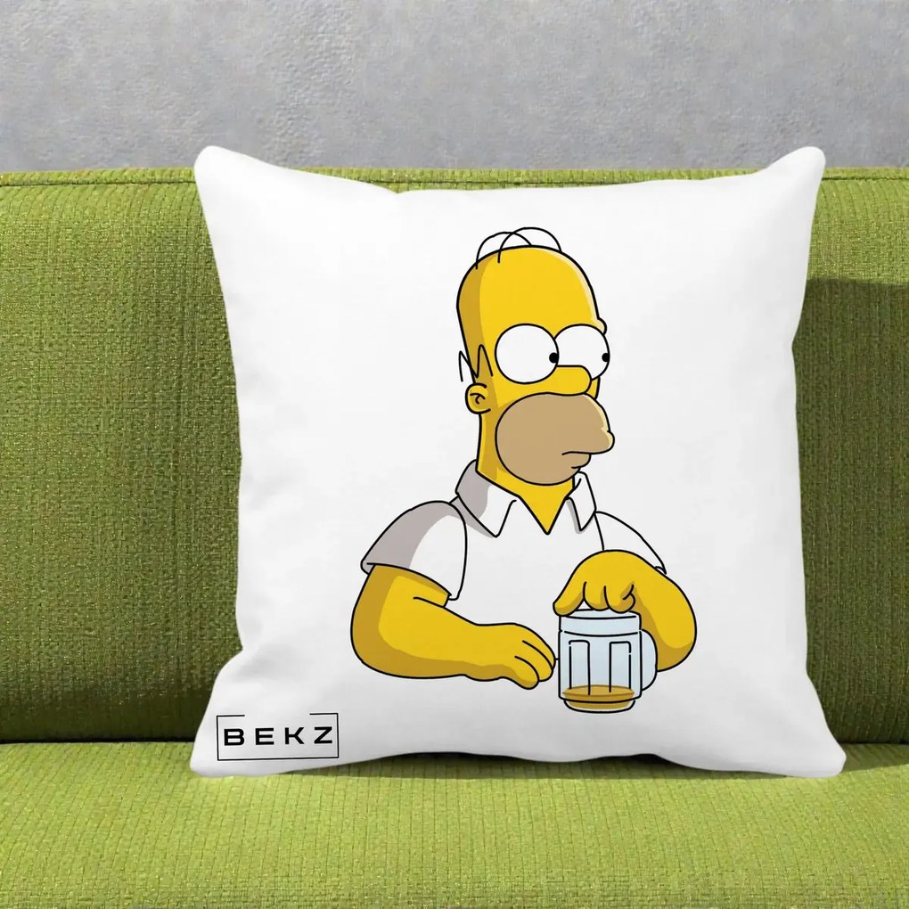 Perna Personalizata Homer Simpson cu Bere, 40x40 cm, Alba Mata, Husa Detasabila, Perna Inclusa, BEKZ®