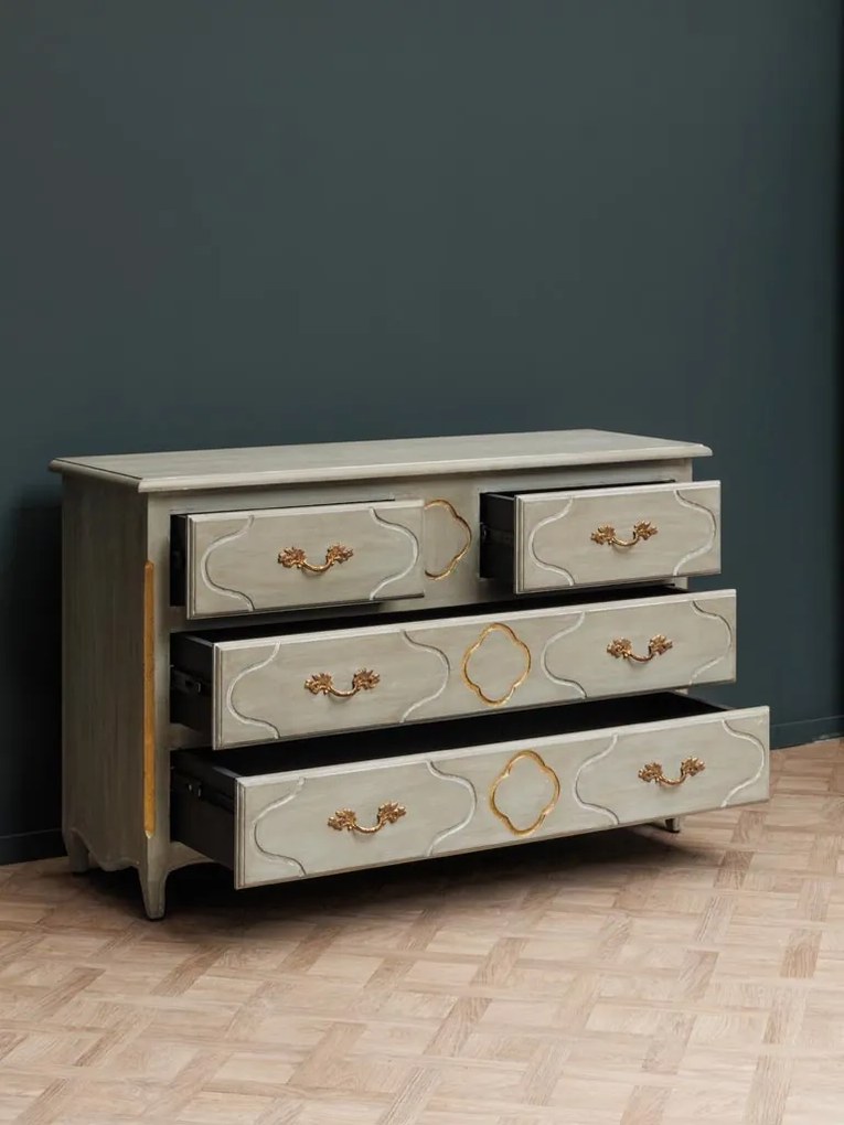 Comoda verde, din lemn de mango, cu 4 sertare, aspect vintage, Florinda
