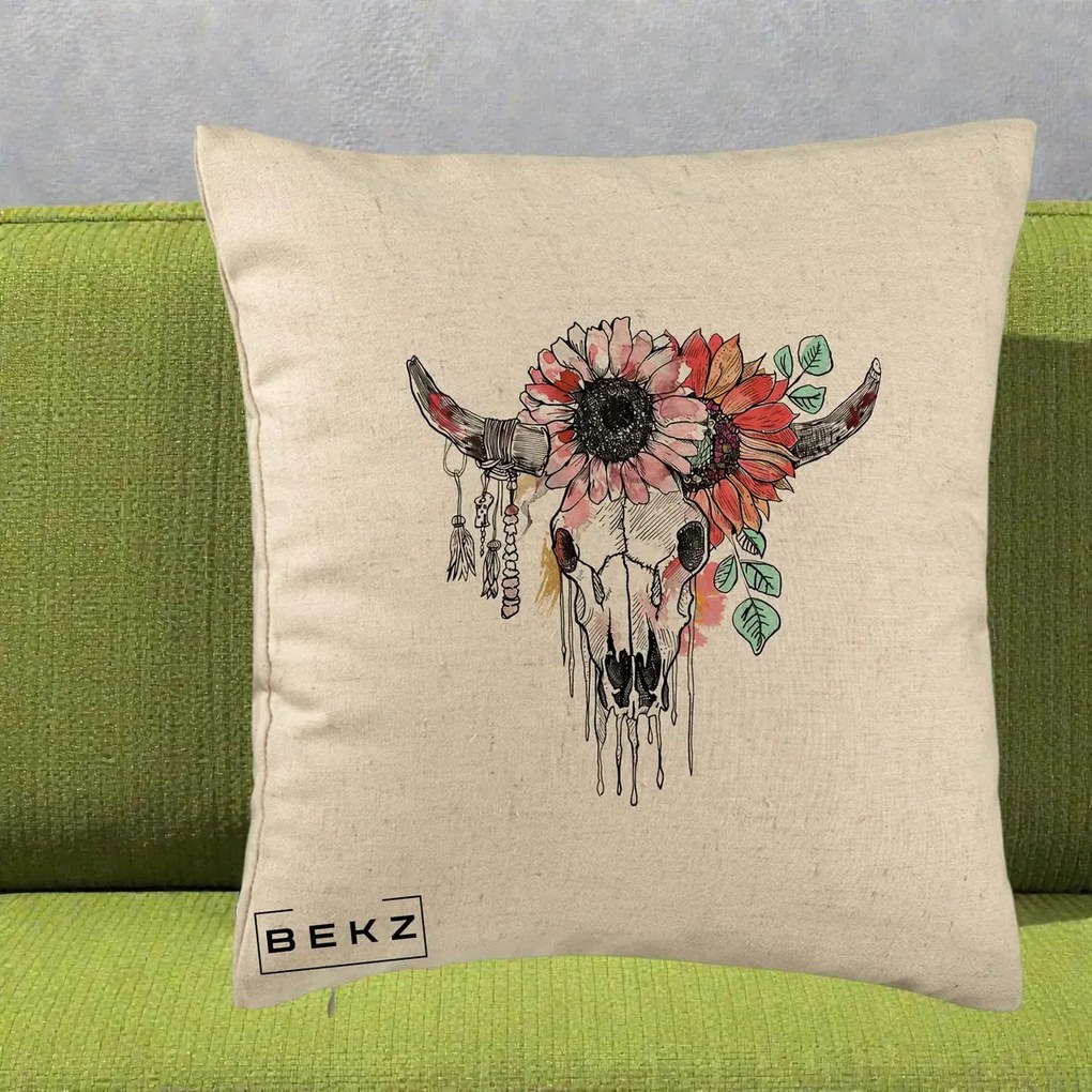 Perna Decorativa Craniu Boho Floral, 40x40 cm, Bej, Husa Detasabila, Perna Inclusa, BEKZ®