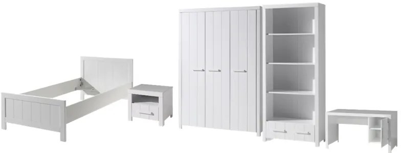 Set Mobilier Cameră Copii ERIK: Pat 90x200 cm, Dulap 3 Uși, Birou, Bibliotecă și Noptieră, Alb – Vipack