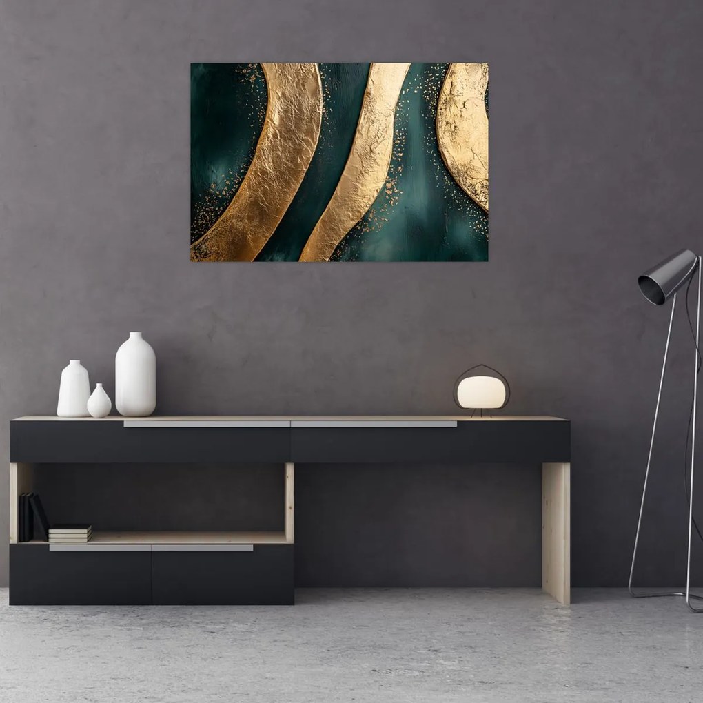 Tablou - Abstracție verde cu auriu I. (90x60 cm)