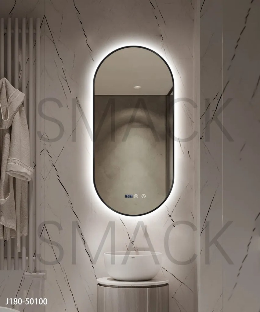 Oglindă LED Touch Premium, Dezaburire, Rama Negra, 3 Tipuri Lumină 50/100 cm