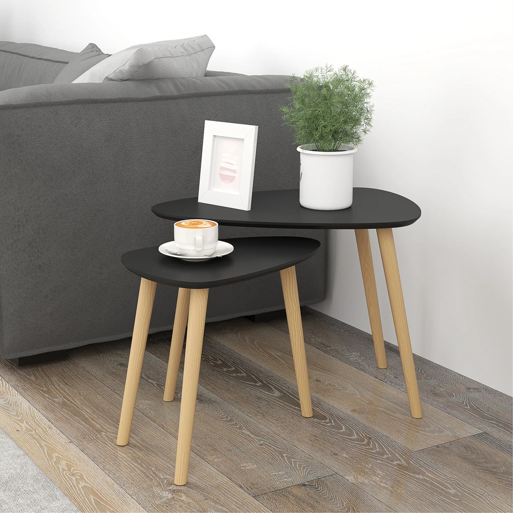 HOMCOM Set de 2 mese de cafea nestemate design scandinav picioare din lemn si blat din lemn, negru | Aosom Romania