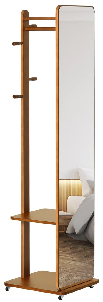 HOMCOM Oglinda de Podea cu Rafturi si Cuier Suspendat din MDF/Sticla Oglinda si Dulap Stabil , 40x44.5x170 cm, Nuc