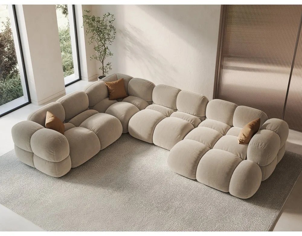 Colțar bej cu tapițerie din catifea (cu colț pe partea stângă/în formă de "U") Loretto – Cosmopolitan Design