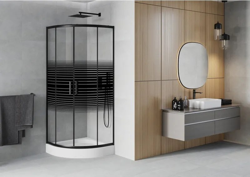 Mexen Rio cabina de duș semicirculară 70 x 70 cm, benzi negre, negru + cadă de duș, alb - 863-070-070-70-20-4710