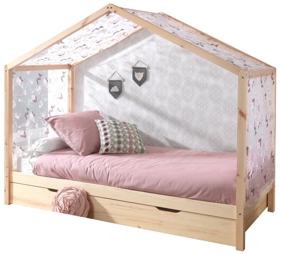 Set DALLAS culoare lemn natural este compusă dintr-un Pat copii fără gard (90 x 200 cm), un sertar și un set textil.