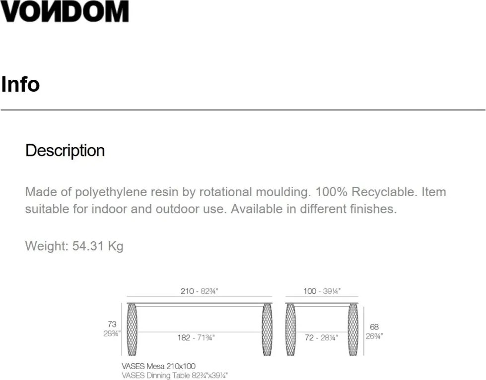 Masa dining de exterior / interior design modern premium VASES 210x100cm