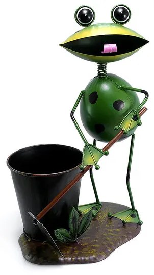 Decoratiune gradina, metalica, broasca cu galeata, 23x16x33 cm