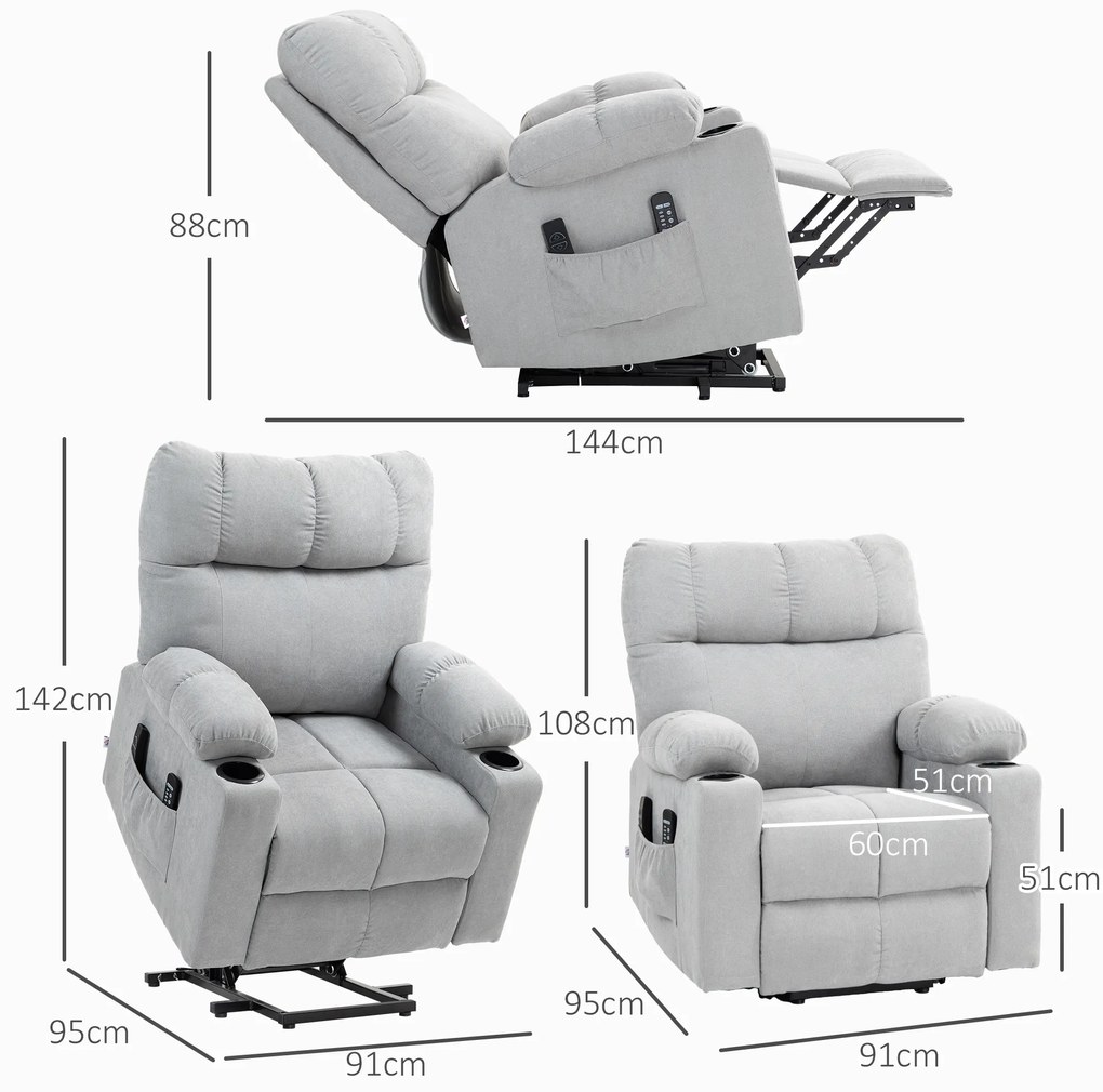 HOMCOM Fotoliu pentru seniori cu funcție de ridicare, funcție de culcare, incl. telecomandă, 144 cm x 91 cm x 88 cm, Gri deschis | Aosom Romania