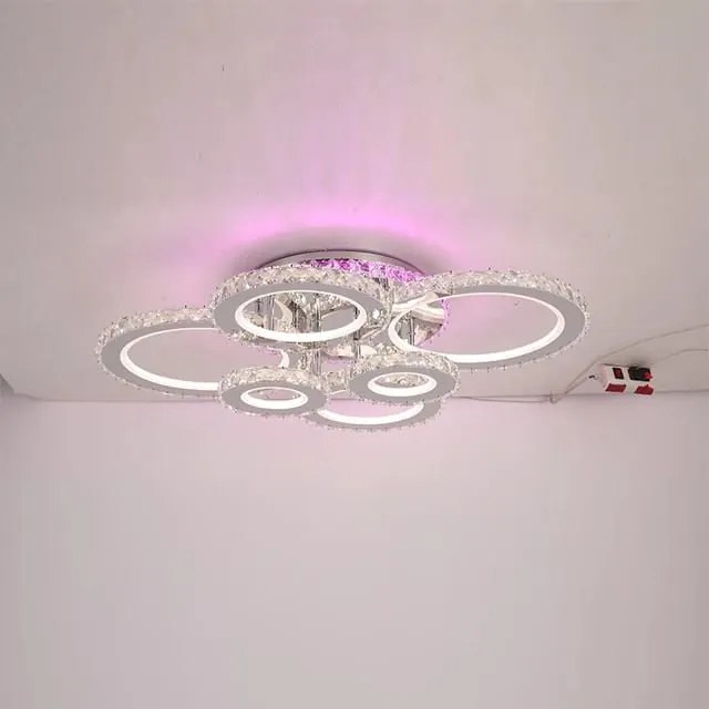 Lustra LED Cu Telecomanda, Cristal, 6 cercuri, Cromat ,120W, RGB,