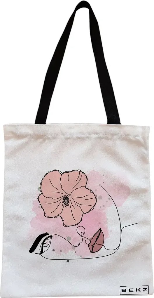 Sacosa de Panza pentru Cumparaturi, Geanta Tote, model Floral Line, Cu fermoar, 38x34.5 cm, Alba, BEKZ®