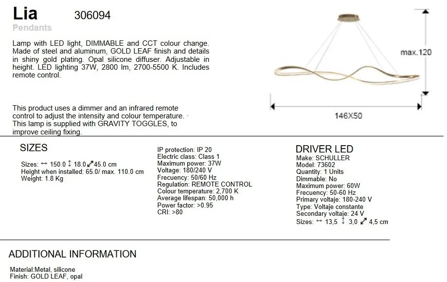 Lustra suspendata LED CCT si telecomanda Lia