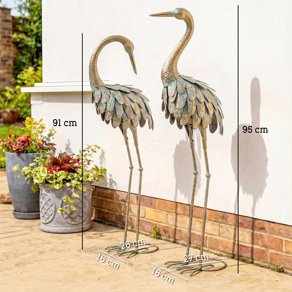 Outsunny Set de 2 statui de grădină, sculptură de stârc din metal, statui de păsări 91/95cm, pentru curte, iaz, terasă, auriu/albastru | Aosom Romania