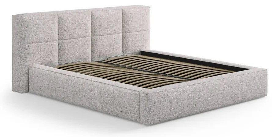 Pat matrimonial bej tapițat cu spațiu de depozitare cu somieră 160x200 cm Simon – Micadoni