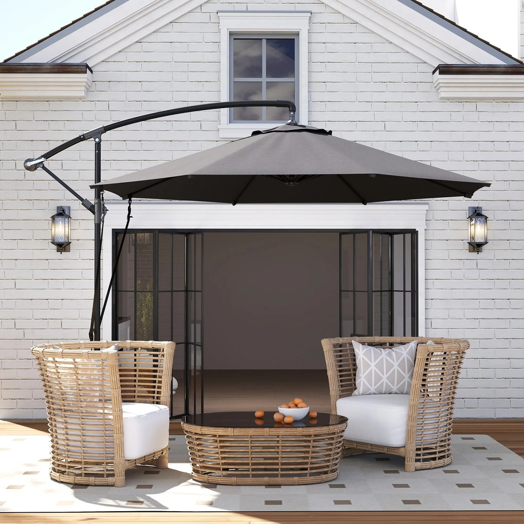 Outsunny Umbrelă de Soare cu Corzi Anti-Vânt, Orificii de Aerisire, Bază în Cruce și Manivelă, Φ290x243 cm, Gri | Aosom Romania