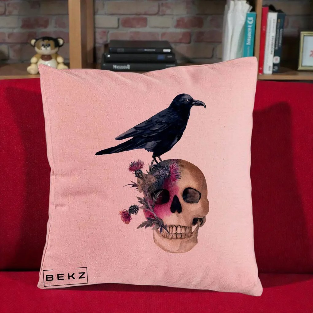 Perna Decorativa Craniu cu Corb si Flori Gothic, 40x40 cm, Roz, Husa Detasabila, Perna Inclusa, BEKZ®