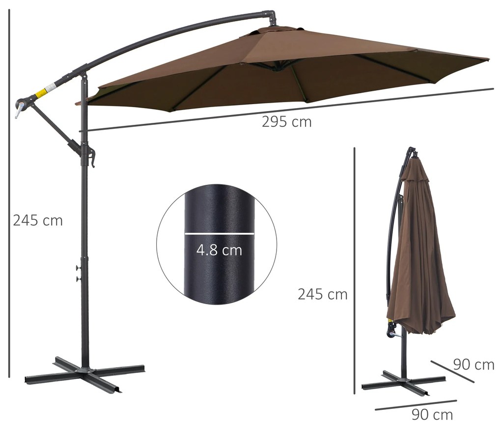 Outsunny Umbrelă Exterioară cu Manivelă, din Oțel și Poliester Rezistent la UV, Ø295x245 cm, Cafea | Aosom Romania