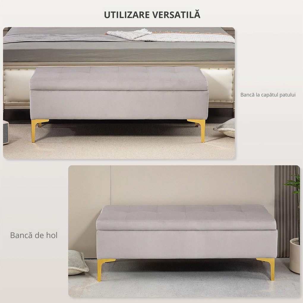 HOMCOM Bancă Otomană de Depozitare, Capăt de Pat din Catifea cu Picioare și Spațiu de Depozitare, 120x44x44.5 cm, Gri Deschis | Aosom Romania