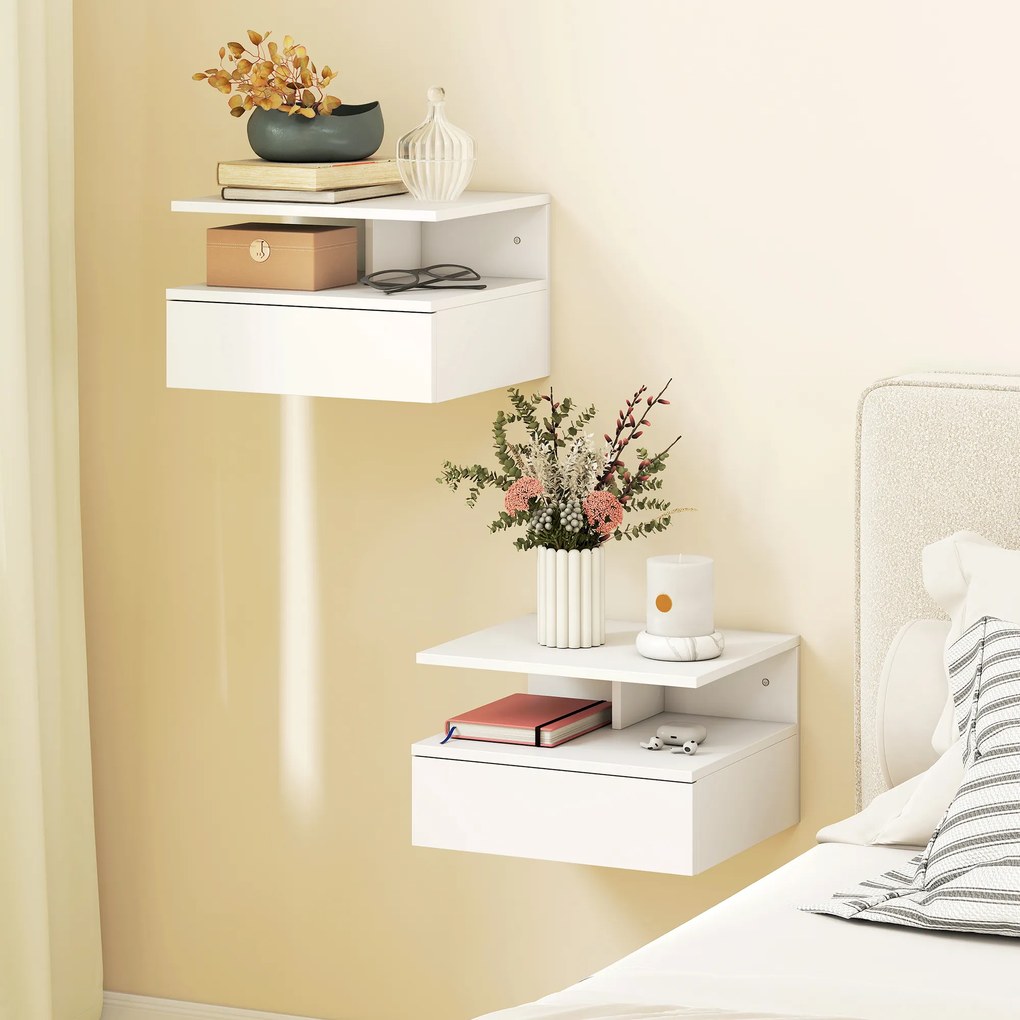 HOMCOM Set de 2 Noptiere Suspendate cu Sertar și Raft Deschis, 35x32x22.5 cm, Alb | Aosom Romania