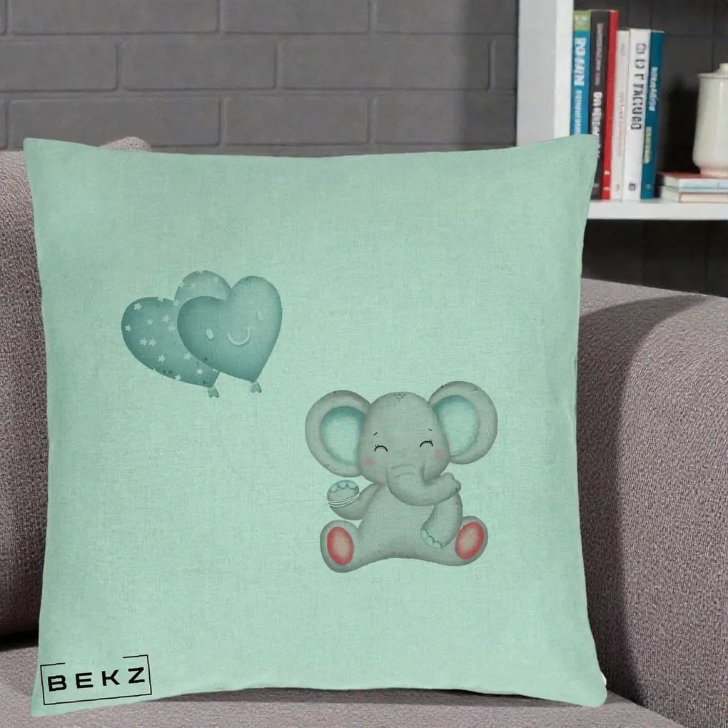 Perna Decorativa, Model Elefant si baloane in forma de inimioare, 40x40 cm, Verde Menta, Husa Detasabila, Perna Inclusa, BEKZ®