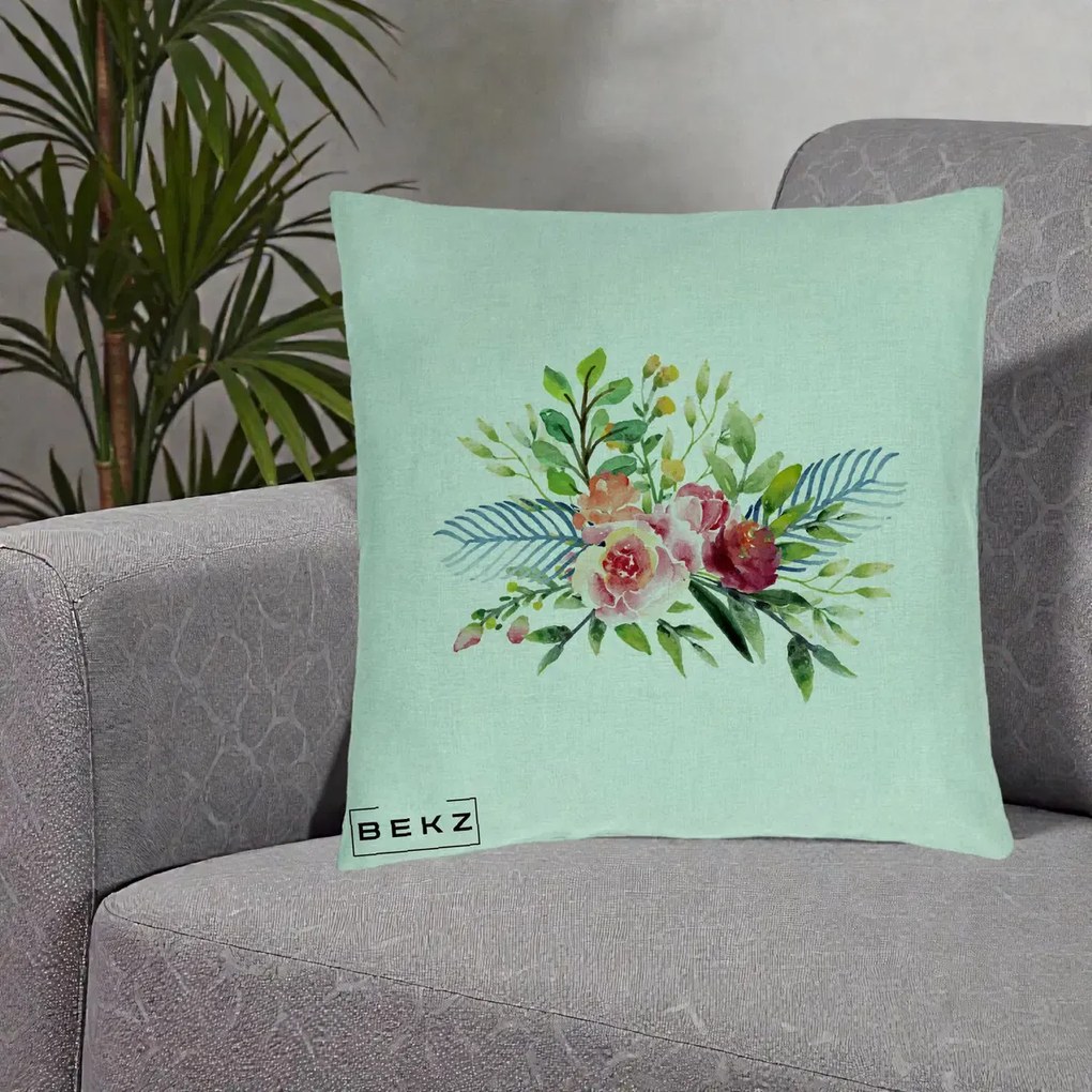 Perna Decorativa Buchet Flori Acuarela Roz-Verde, 40x40 cm, Verde Menta, Husa Detasabila, Perna Inclusa, BEKZ®