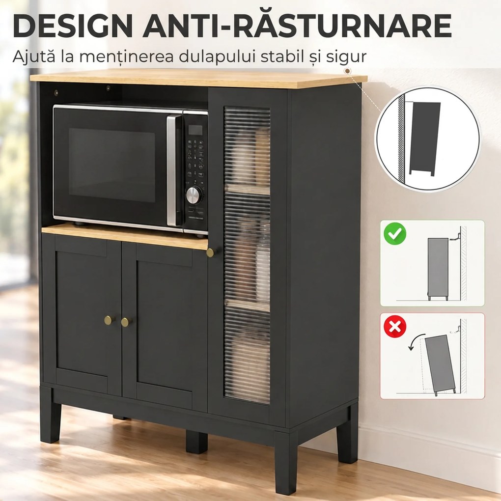 HOMCOM Dulap pentru Cuptor cu Microunde cu Dulap Inferior și 3 Rafturi Laterale cu Ușă din Sticlă, din Lemn, 80x35x97 cm, Negru | Aosom Romania