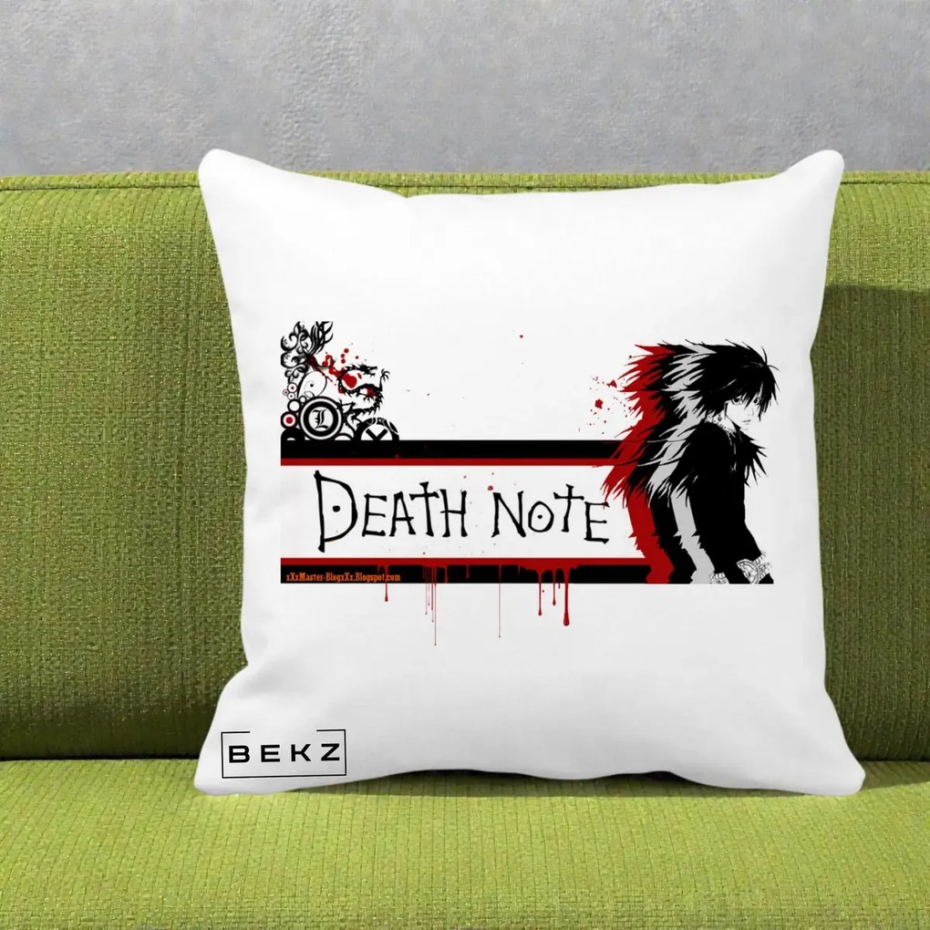 Perna Personalizata Death Note L Lawliet Rosu-Negru, 40x40 cm, Alba Mata, Husa Detasabila, Perna Inclusa, BEKZ®