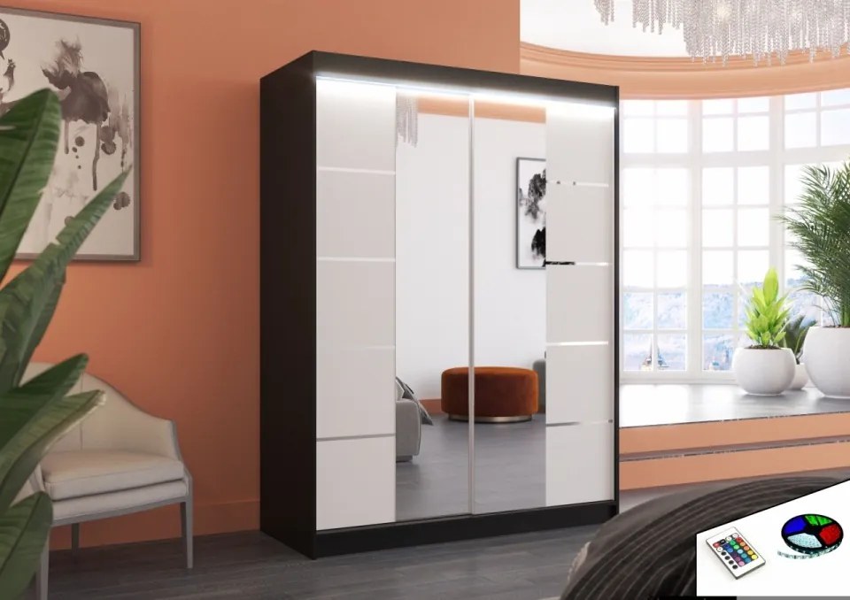 Dulap cu usi glisante si oglinda + iluminare LED, Nordic 150 + LED, 150 cmx200 cmx58 cm, ADRK Furniture (Culoare: Alb / Sonoma)