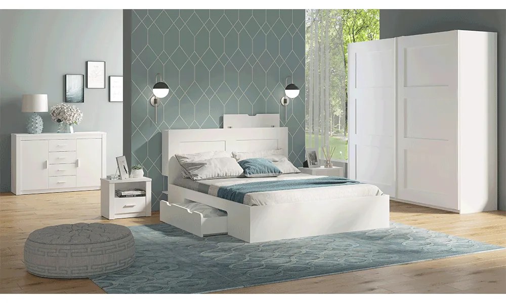 Set dormitor RAMIAK alb dulap, pat, 2 noptiere