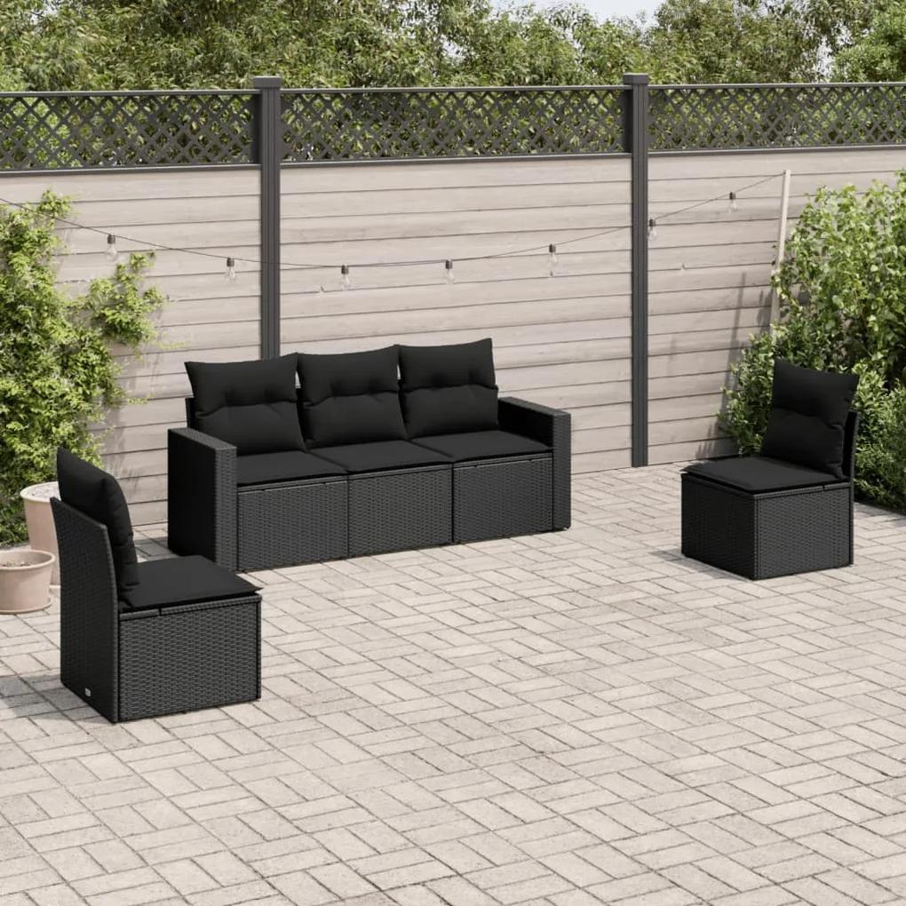 3218775 vidaXL Set mobilier de grădină cu perne, 5 piese, negru, poliratan