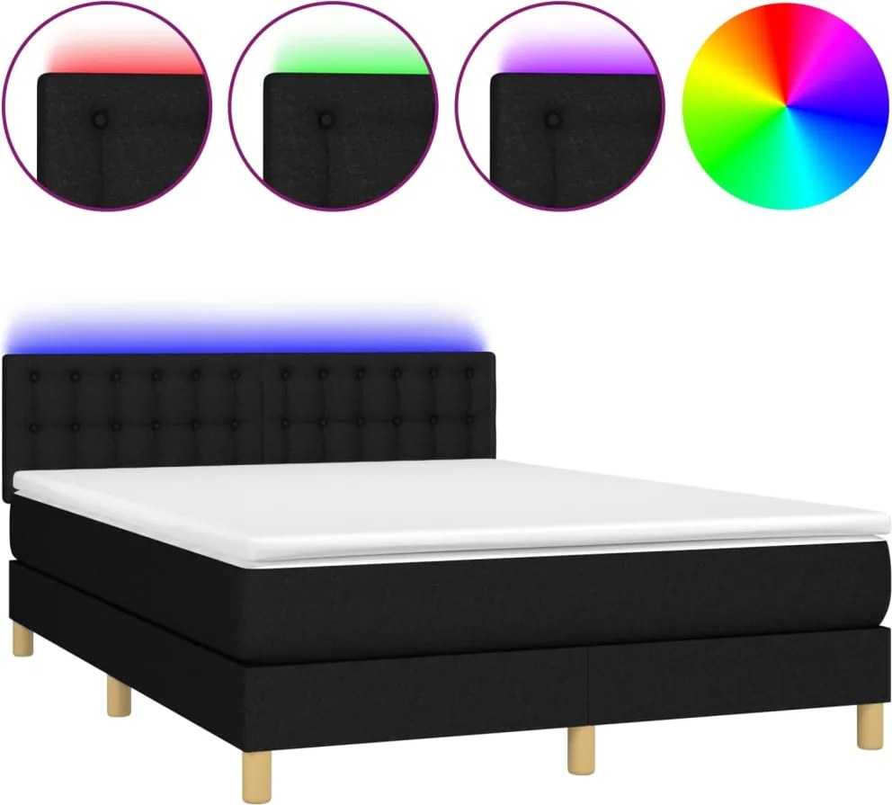 3134031 vidaXL Pat cu arcuri, saltea și LED, negru, 140x190 cm, textil