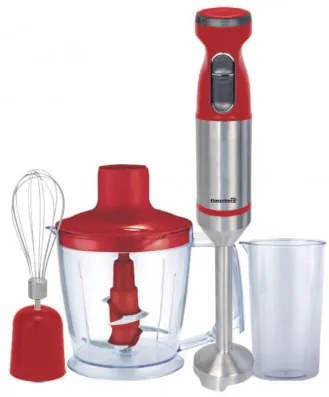 Blender, tocator si mixer Hausberg HB-7700RS, 1000W, cutit din otel, Tocator: 1 litru, Otel inoxidabil / rosu