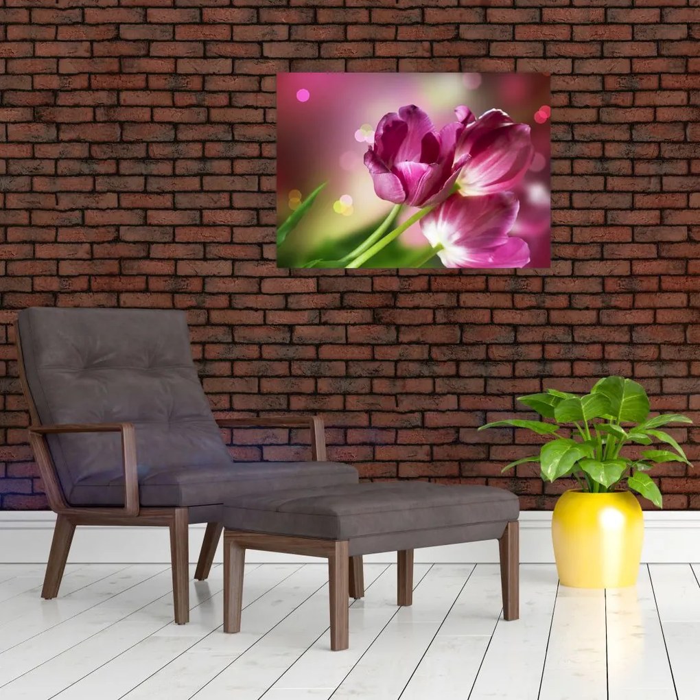 Tablou pe sticlă cu lalele roz (70x50 cm)