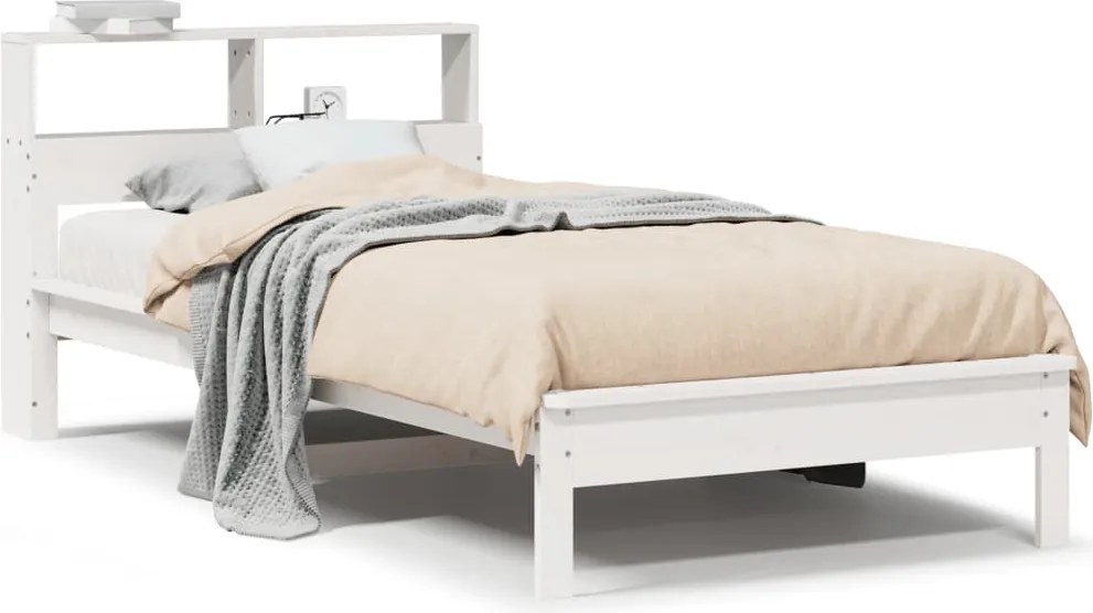 vidaXL Pat cu bibliotecă fără saltea, alb, 100x200 cm, lemn masiv pin