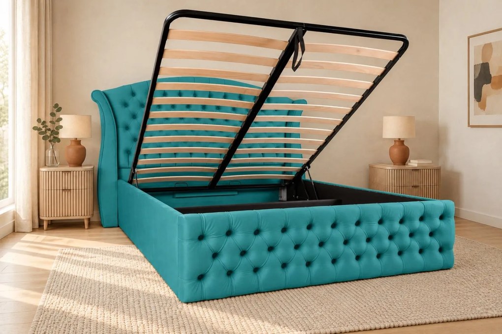 Pat tapițat Chesterfield din catifea Sorella Simple 180×200 cm, albastru deschis, cu ladă de depozitare