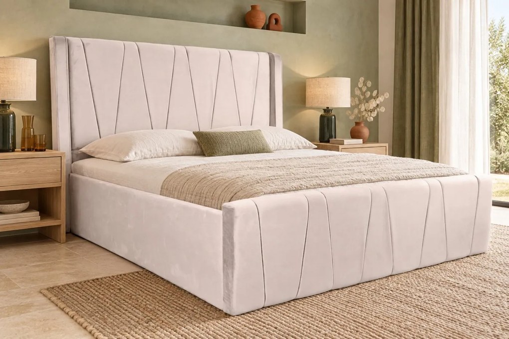 Pat tapițat din catifea Miro Simple 200×200 cm, crem, cu ladă de depozitare