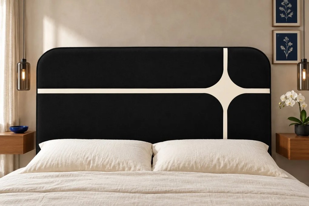 Pat tapițat din stofă Montella 140×200 cm, negru, cu ladă de depozitare