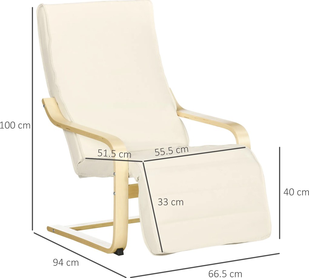 HOMCOM Fotoliu Relax cu Suport pentru Picioare Reglabil în 5 Nivele și Tetieră, 66,5x94x100 cm, Crem | Aosom Romania