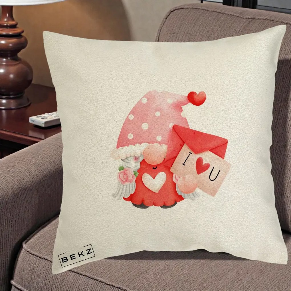 Cadou Romantic - Perna Personalizata I Love You Gnome Valentine cu Scrisoare, 40x40 cm, Ecru, Husa Detasabila, Perna Inclusa, BEKZ®
